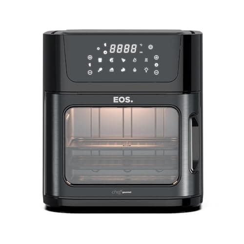 Fritadeira Air Fryer Oven EOS 15 Litros Digital Inox All Black EAF15IP 110V, preto, fundo branco, com porta de vidro e alça de metal.