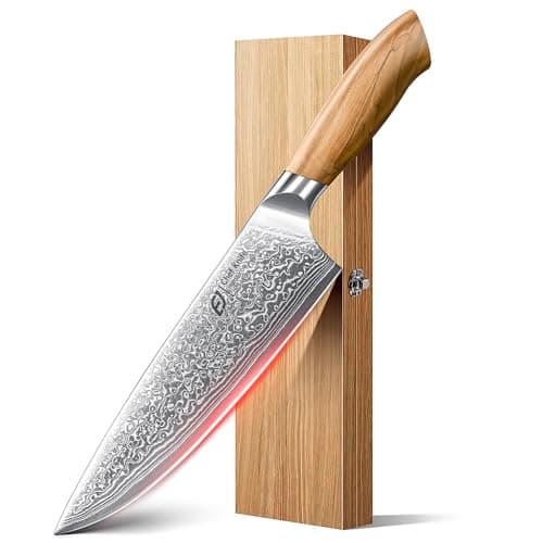 Faca de chef damasco em aço japonês, faca de cozinha damasco de 67 camadas com caixa de presente de madeira e cabo de oliveira original, facas de cozinha para ideia de presente de cozinha em casa