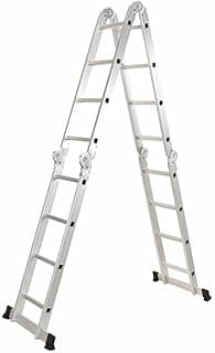 Escada articulada multifuncional de alumínio com 16 degraus e 4.47m de altura, vista em ângulo aberto sobre fundo branco.