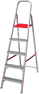 Escada de alumínio de 5 degraus com base vermelha, fundo branco