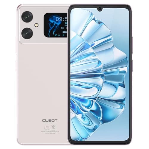Smartphone Cubot A20 rosa com câmera traseira e frontal, logotipo da marca Cubot