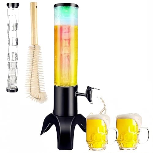 Dispensador de bebidas Ediactcyl com torre de 1,5 litros, tubo de gelo e luz LED, servindo cerveja em canecas.