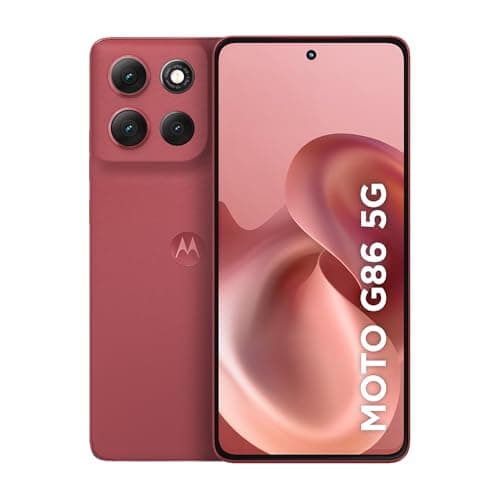 Smartphone Motorola Moto G86 5G em vermelho, mostrando a câmera quádrupla e a marca MOTOROLA.