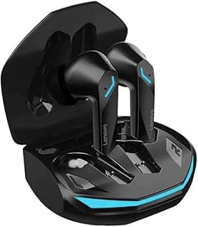Fone de ouvido sem fio Lenovo GM2 Pro TWS Gamer em posição aberta, preto com detalhes em azul.
