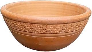 Bacia de quintal de cerâmica terracota com detalhes trabalhados, 29cm x 13cm, furo de drenagem