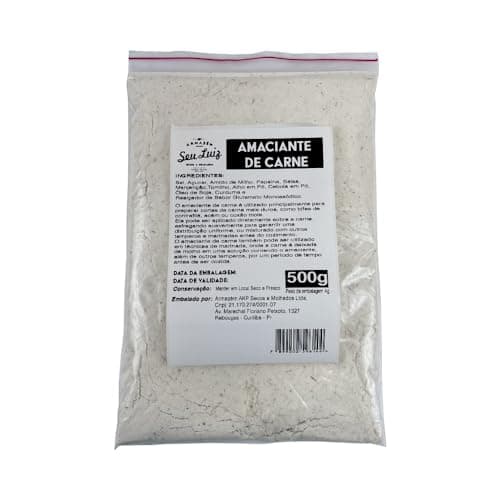 Amaciante de Carne 500g em saco plástico branco, marca São Luiz, com rótulo frontal preto e branco.