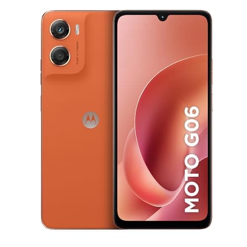 Smartphone Motorola Moto G06 laranja com câmera dupla e texto na tela
