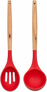 Kit 2 Peças Concha e Escumadeira Utensílios de Cozinha em Silicone com Cabo Amadeirado Conjunto Concha e Colher Vazada