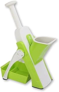 Cortador manual de legumes verde e branco com recipiente e alavanca