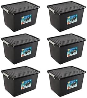 Kit 6 caixas organizadoras pretas com tampa e trava 56 litros Arqplast