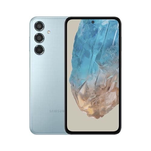 Samsung Galaxy M35 5G com câmera tripla na cor azul, tela Super AMOLED de 6.6 polegadas