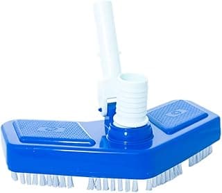 Aspirador de piscina azul com cerdas para piscina Brustec Lazer, com cabo branco e base azul.