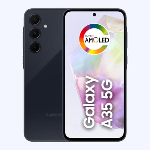Foto frontal do Samsung Galaxy A35 5G com câmera tripla e tela Super AMOLED