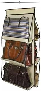 Suporte organizador de bolsas para cabide com seis compartimentos transparentes, ideal para guarda-roupa.