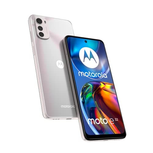 Smartphone Motorola Moto E32 64GB 4GB RAM cor rosa, mostrando frente e verso com detalhes da câmera e tela.