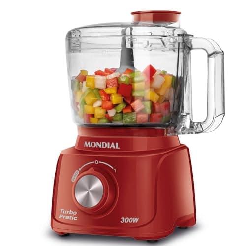 Mini processador Mondial Turbo Pratic vermelho 300W 110V MP-16-R com frutas cortadas