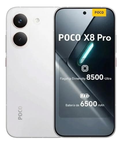 Smartphone Xiaomi Poco X8 Pro branco com câmeras traseiras e informações na tela