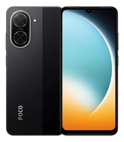Smartphone Xiaomi Poco C71 preto com câmera dupla e tela frontal.