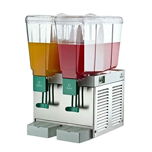 Refresqueira Ibbl BBS2 Inox com duas cubas de 15 litros, líquidos amarelos e vermelhos, fundo branco