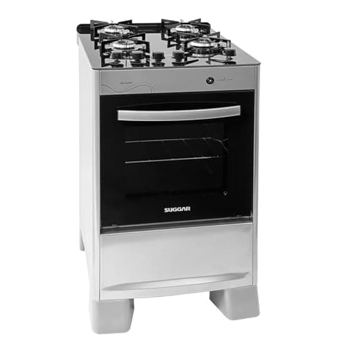 Fogao de mesa Suggar com quatro bocas e vidro preto, cor prata, em fundo branco.