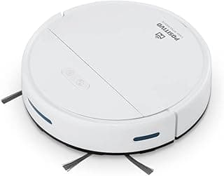 Robô aspirador inteligente POSITIVO Wi-Fi branco, circular com bordas pretas e azul-escuras