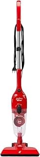 Aspirador de pó vertical vermelho com cabo preto e recipiente transparente
