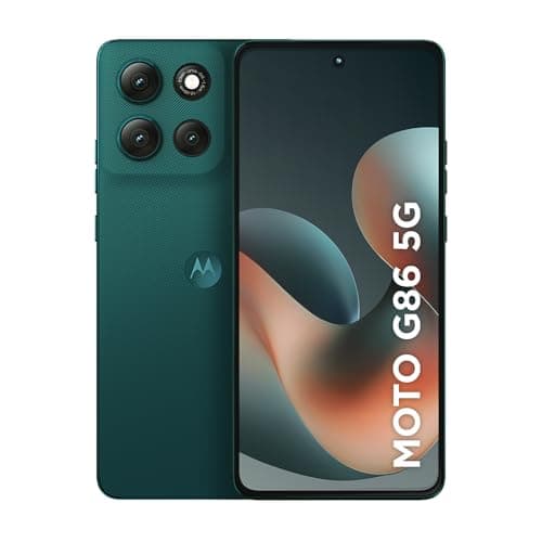 Smartphone Motorola Moto g86 5G, verde escuro, três câmeras traseiras, tela cheia.