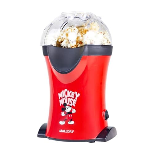 Pipoqueira Elétrica Mallory Mickey Mouse – Pipocas Sequinhas e Sem Óleo, Bocal Expedidor, Copo Medidor para Manteiga e Pés Antiderrapantes - 220V