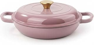 Frigideira de ferro fundido esmaltado rosa claro com tampa de cobre, 3 litros, antiaderente, para forno, fogão, churrasqueira