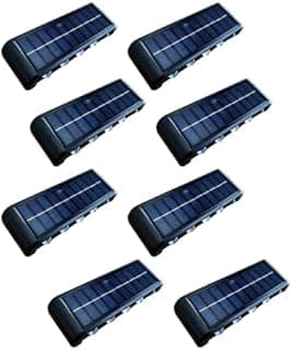 Kit com 8 Arandelas Solar Slim de Parede YODHE, iluminação externa com 10 LEDs, painel solar azul e corpo preto.