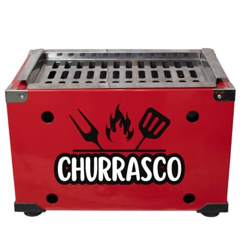 Churrasqueira portátil vermelha com grelha inox e tanque em metal galvalume
