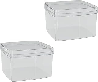 Duas caixas organizadoras transparentes quadradas com tampas articuladas sobre fundo branco