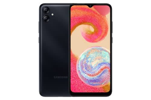 Imagem frontal do Samsung Galaxy A04e com tela multicolorida e logotipo da Samsung