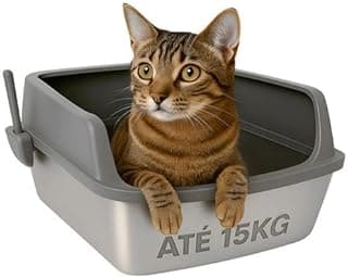 Caixa de areia para gatos em aço inoxidável cinza com gato marrom.