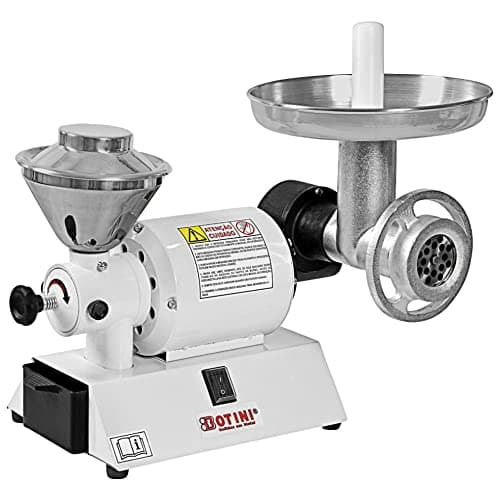 Moedor de carne e café Botini bivolt, preto e branco, com aço inoxidável, marca Botini, fundo branco
