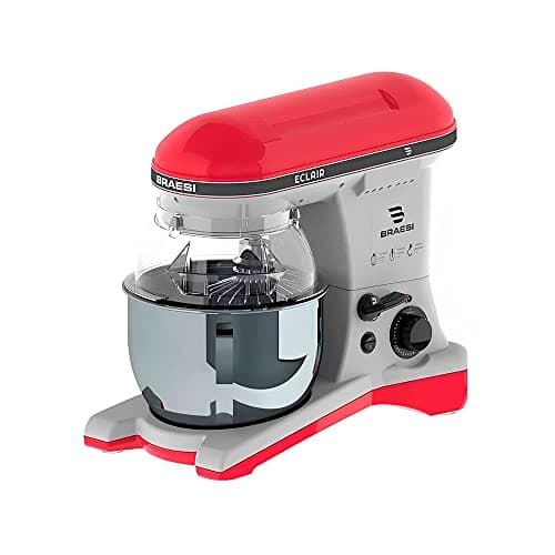 Batedeira planetária industrial pedestal vermelha e cinza BRAESI, isolada em fundo branco.