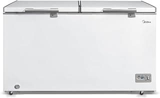 Freezer horizontal branco de duas portas com controles de temperatura visíveis