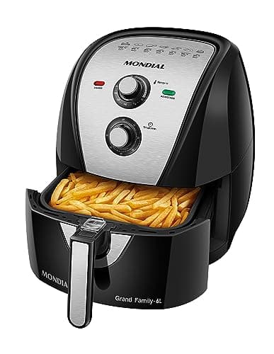 Fritadeira sem óleo Mondial Grand Family-6L, preto e inox, com controles e bandeja aberta mostrando batatas fritas.