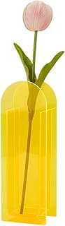 Vaso de acrílico amarelo com flor rosa, centro de mesa decorativo