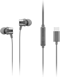 Fones de ouvido intra-auriculares Lenovo cinza com conector USB-C e controles de reprodução e pausa
