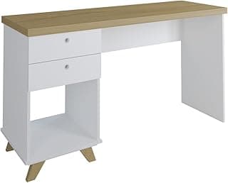 Escrivaninha Retrô para Home Office ou Nail Designer com Tampo em Tamburato, 2 Gavetas, 1 Nicho - Sky Artany - Olmo com Branco