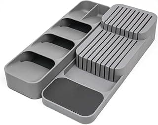 Conjunto organizador de talheres e facas cinza com divisórias e ranhuras