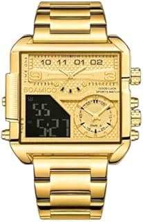 Relógio masculino Golden Winner, aço inoxidável banhado a ouro, visor quadrado, display duplo analógico e digital