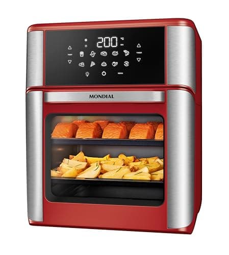 Fritadeira Air Fryer MONDIAL Vermelho 12L 2000W com alimentos cozidos visíveis