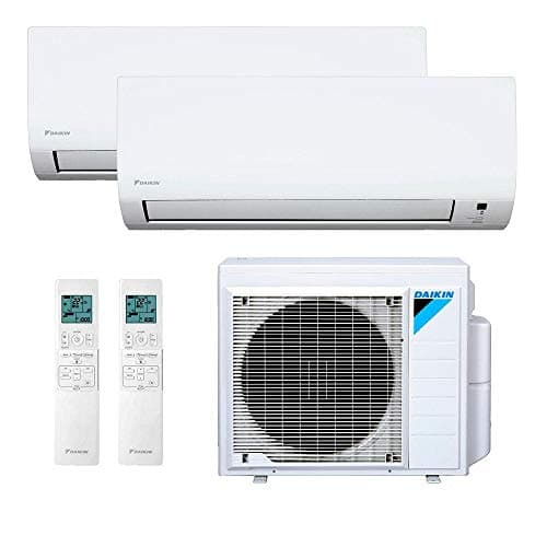 Ar condicionado bi split inverter Daikin 18.000 Btus, com dois evaporadores de 9.000 Btus, controles remotos, cor predominante branca