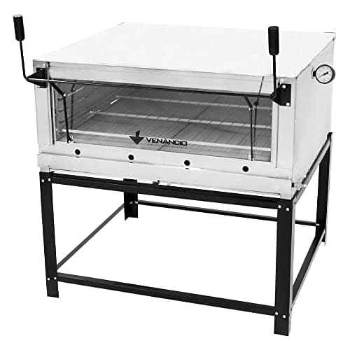 Forno a gás industrial com infravermelho Venâncio modelo FIRIV90, estrutura em aço inoxidável, porta de vidro e base de metal preto.