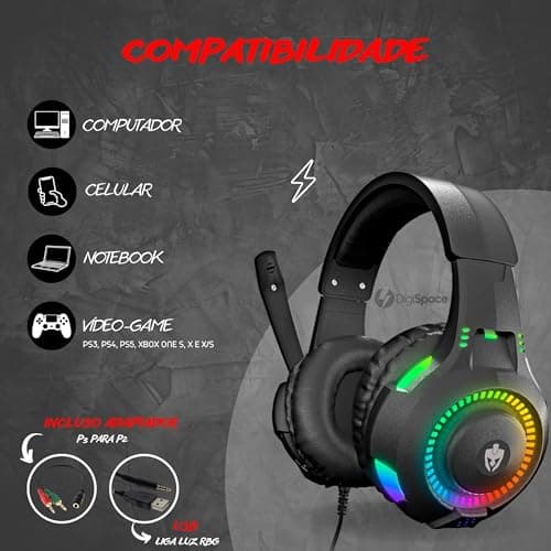 Fone De Ouvido Headset Gamer Luz Led RGB Compatível com Computador, Celular, Video Games