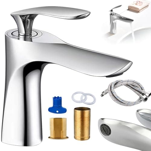 Torneira de Lavatório de Banheiro,Torneira Misturadora de Alça Única,Torneiras de Água Quente e Fria Montadas no Convés,Válvulas de Cerâmica,com Chave de Ajuste,Tubo de Teflon Quente e Frio (Prata)