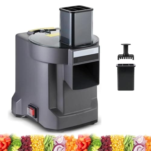 Fatiador de legumes elétrico cinza para cortar legumes, com botão vermelho e visor transparente, em fundo branco com legumes coloridos.