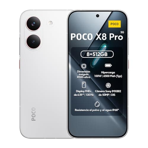 Imagem do smartphone Xiaomi Poco X8 Pro 512GB / 8GB Ram branco com informações técnicas na tela